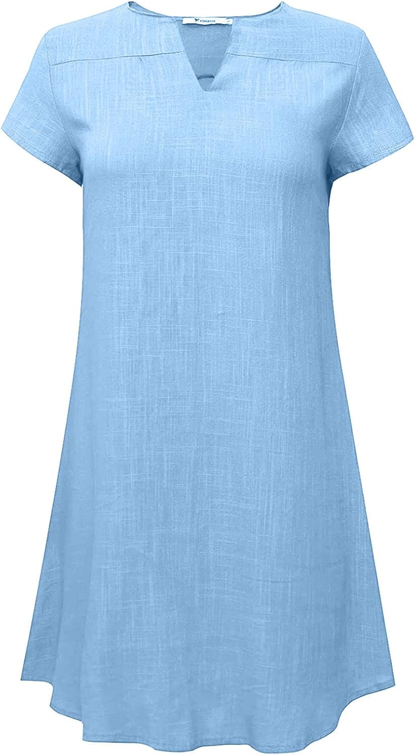 ZunFeo Vestidos de lino para mujer 2023 verano casual cuello en V vestido camiseta manga corta pequeño mini playa bohemio vestido de crucero