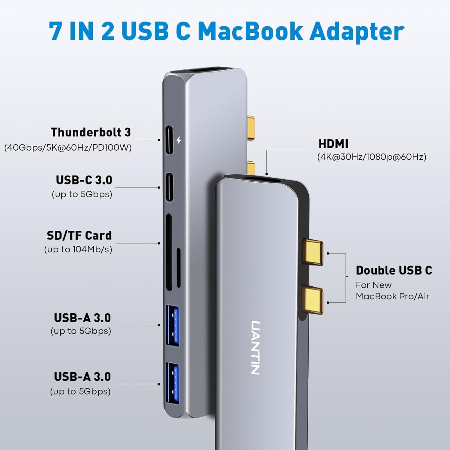 Adaptador USB C Hub HDMI para MacBook ProAir M1 M2 2022 2021 2020 13″ 15″ 16″, 7 en 2 Mac Adaptador multipuerto USB Accesorios con HDMI 4K, 2