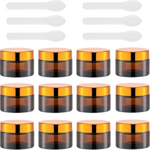 Lil Ray Tarro redondo de vidrio ámbar de 1 oz con revestimientos interiores y tapa dorada (12 piezas) Lil Ray Tarro redondo de vidrio ámbar de 1 oz con revestimientos interiores y tapa dorada (12 piezas)