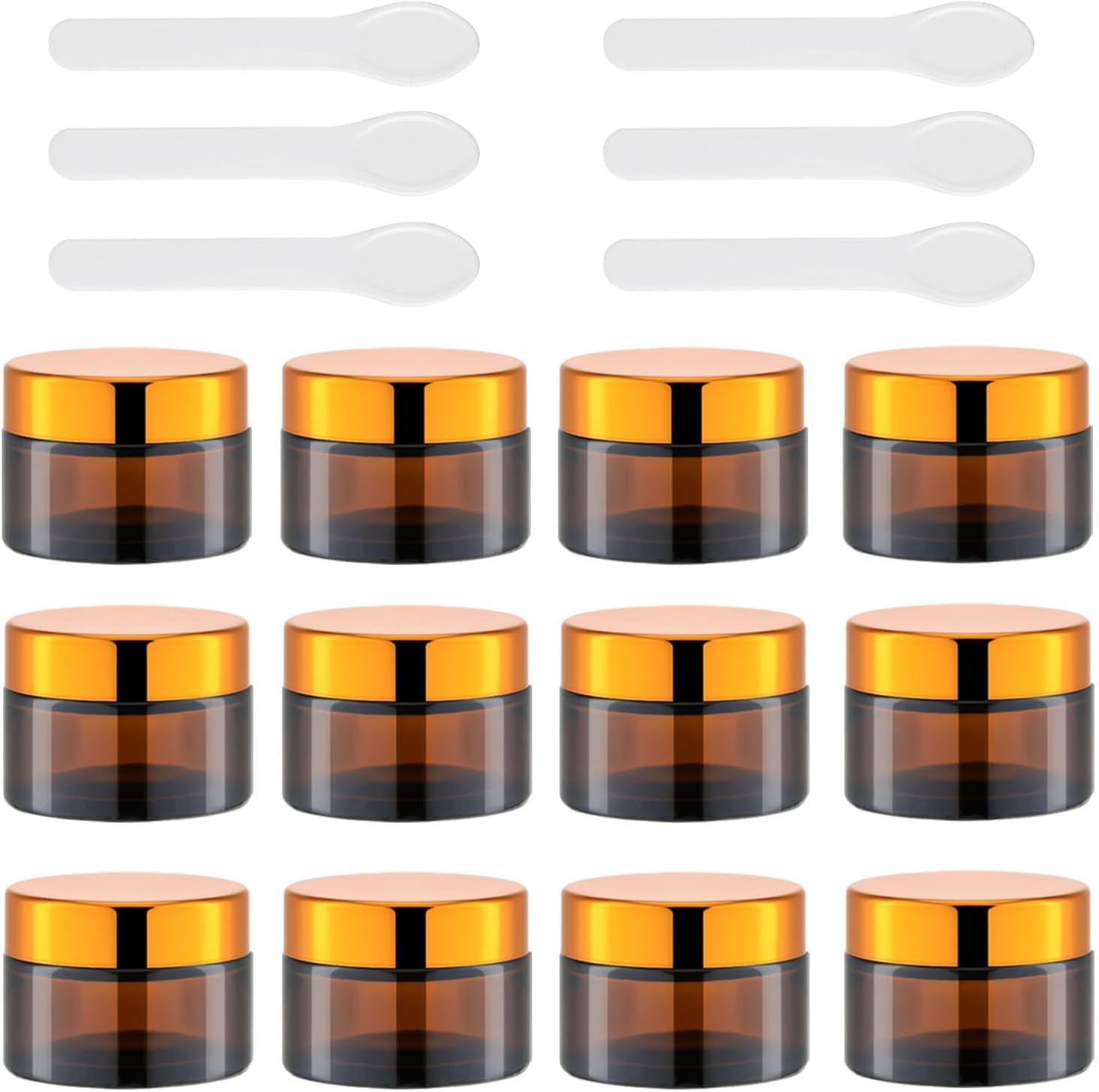 Lil Ray Tarro redondo de vidrio ámbar de 1 oz con revestimientos interiores y tapa dorada (12 piezas)