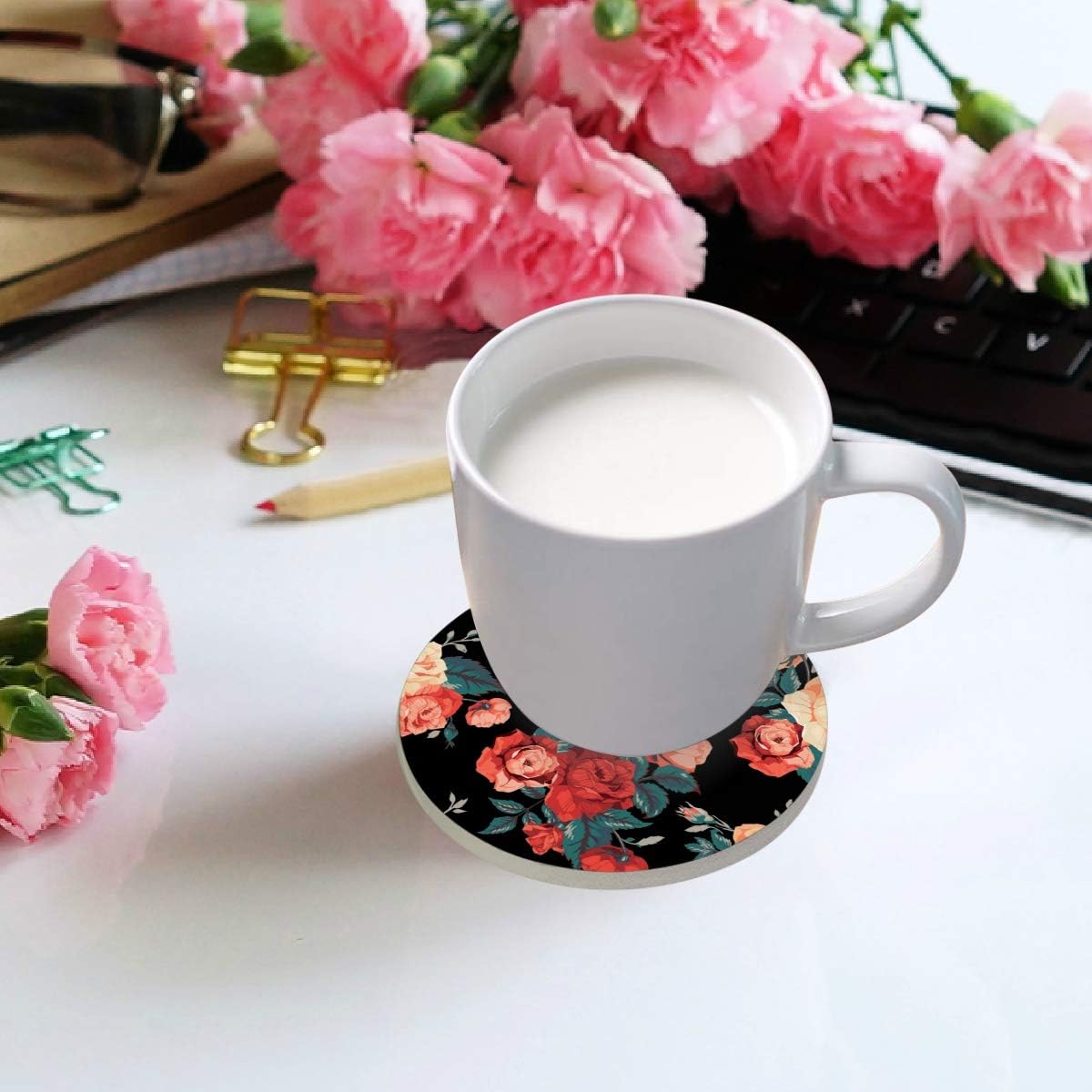 visesunny Posavasos de piedra con patrón floral de rosas que absorben la humedad con base de corcho para protección de mesa para evitar daños en los