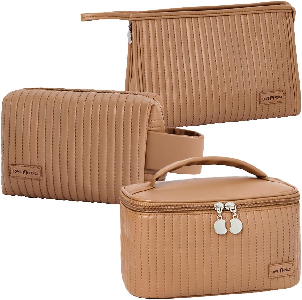 Bolsa de maquillaje de 3 piezas, juego de bolsas de cosméticos, bolsa de aseo de cuero a rayas de poliuretano, organizador de maquillaje portátil