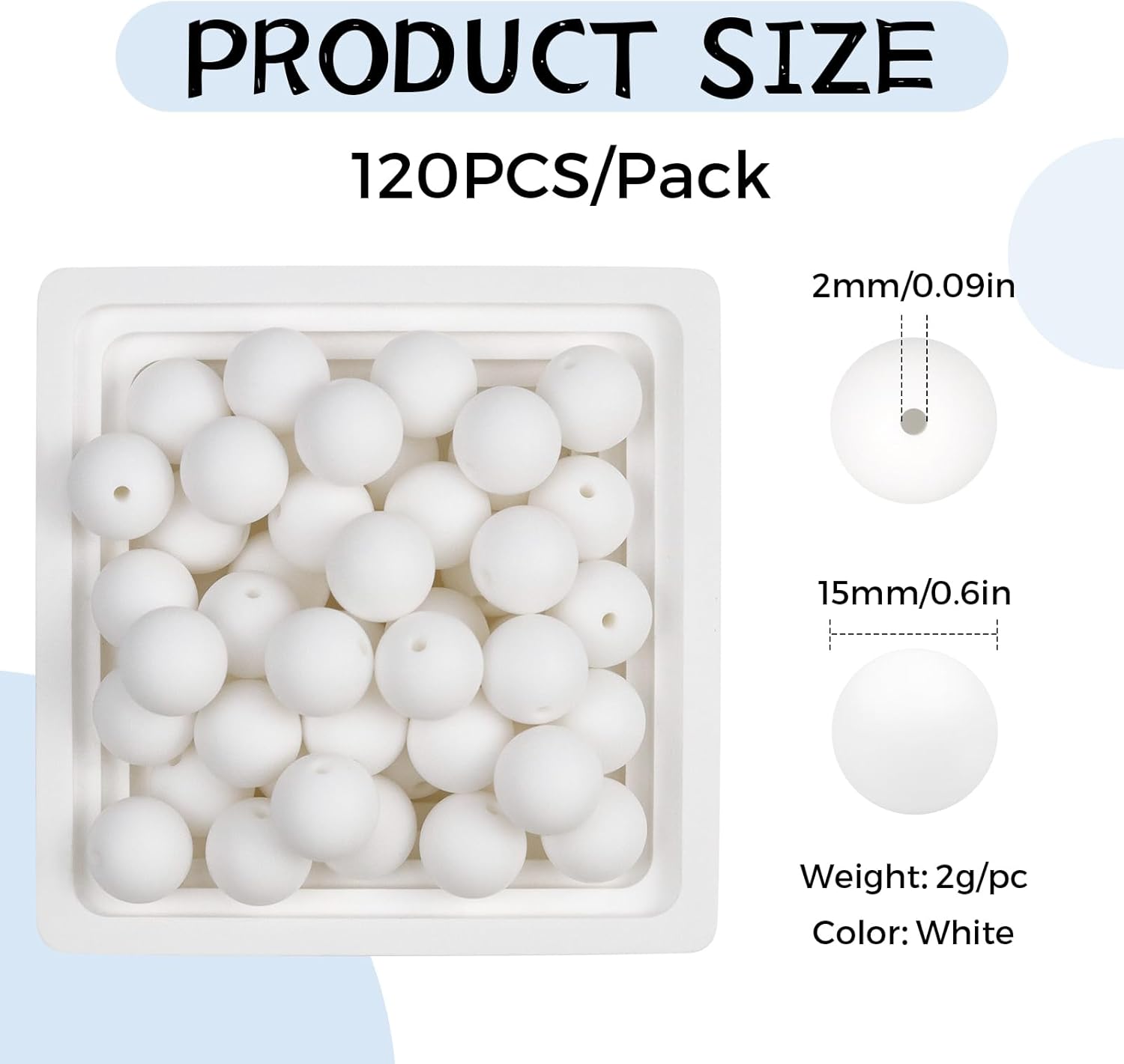 120 cuentas de silicona de 0.59 pulgadas, cuentas de silicona blancas para hacer llaveros, cuentas redondas de silicona para pulseras, collares,