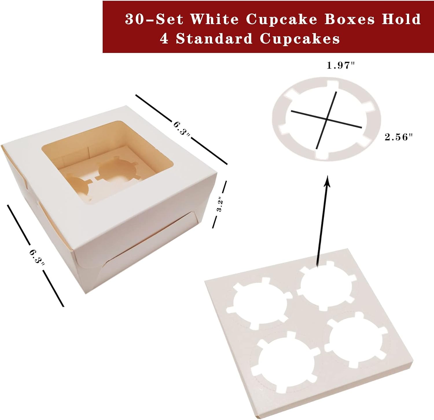 MonYouGe Juego de 30 cajas para cupcakes a granel con ventana transparente para 4 cupcakes estándar, contenedor desechable de grado alimenticio