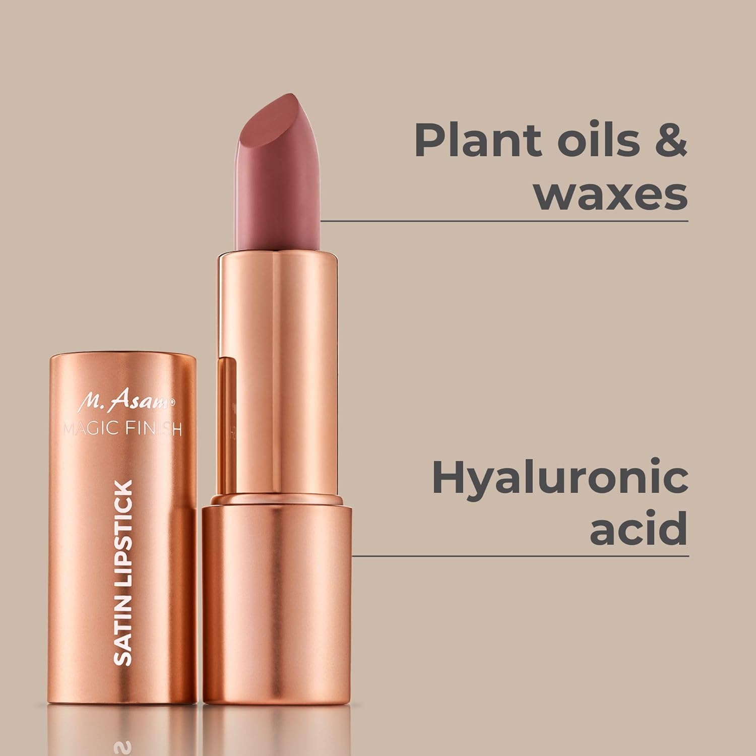 M. Asam Lápiz labial satinado Magic Finish (0.14 onzas) en tono avellana, duradero, acabado mate sedoso sin resecar, textura cremosa que nutre con