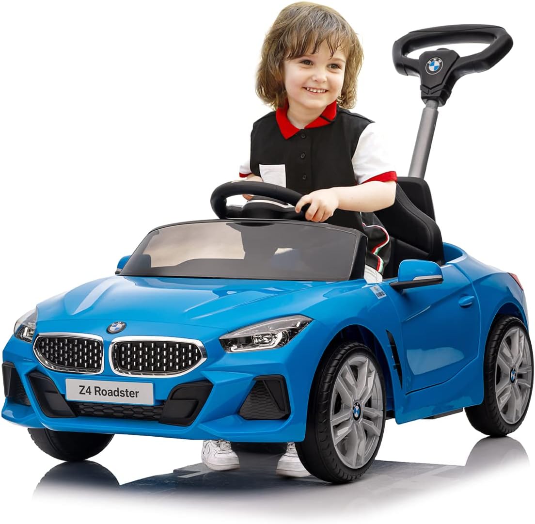 Automóvil de empuje para niños de 1 a 5 años, auto de empuje BMW Z4 con licencia con varilla de empuje ajustable, música de bocina, rueda