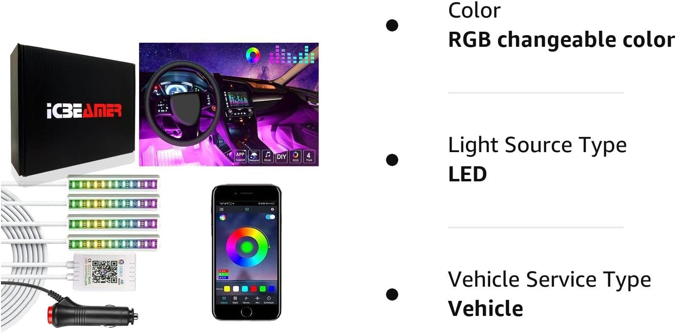 Icbeamer – Tira de luz LED para interiores bajo el asiento con control de teléfono inteligente, color mate, con función activa