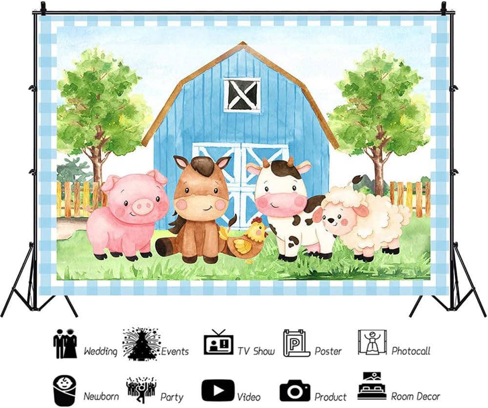 Telones de fondo de cumpleaños de granja para niños, granero azul, animales de granja, fondo de fotografía, tema de animales de granja, decoración