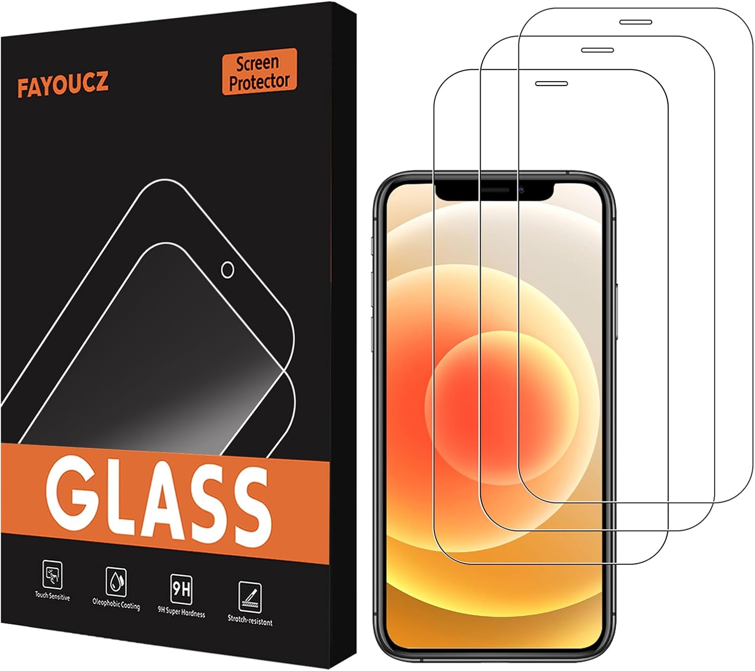 FAYOUCZ Paquete de 3 protectores de pantalla de vidrio compatibles con iPhone 12 Pro, película de vidrio templado de 6.1 pulgadas, antiarañazos,