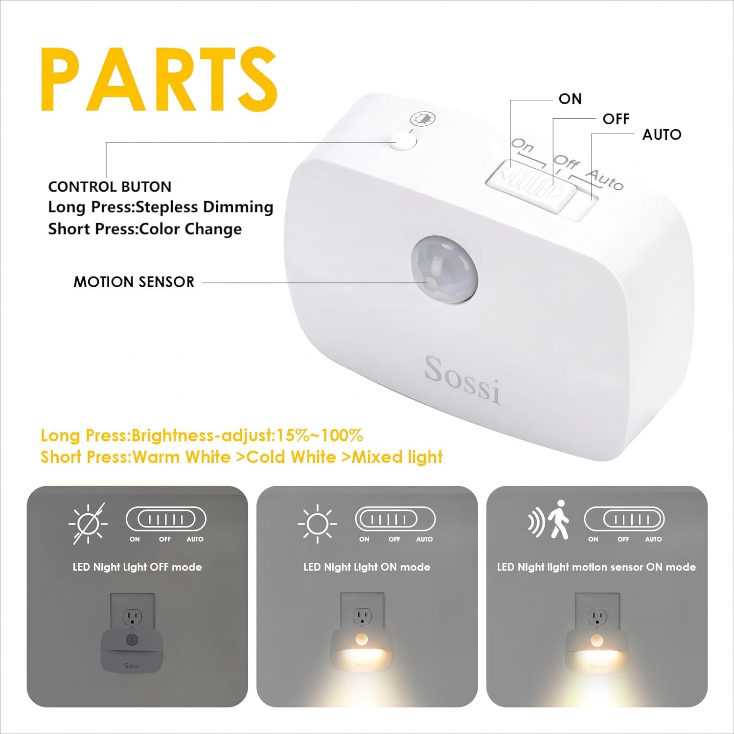 Sossi Paquete de 4 luces nocturnas con sensor de movimiento, atenuación continua de 10 a 60 lúmenes, 3 modos de luz con memoria, luces nocturnas