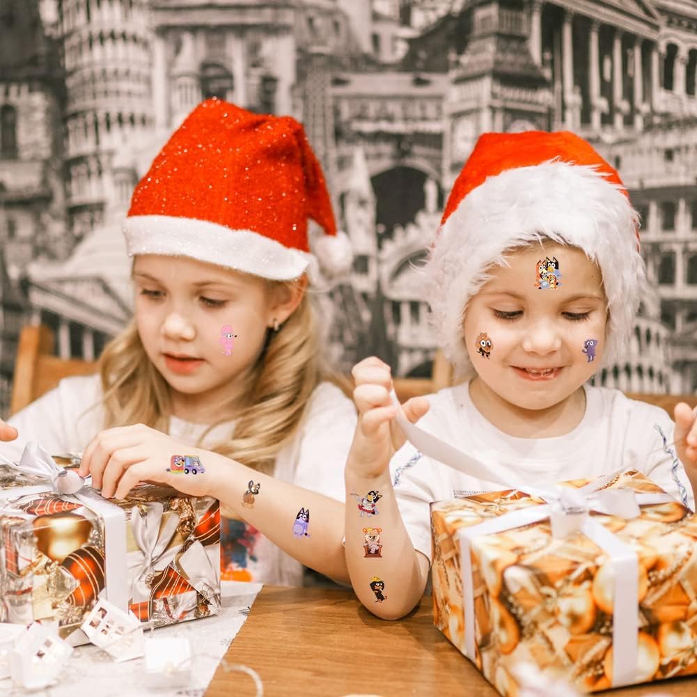 8 hojas de calcomanías azules de tatuajes temporales, suministros de fiesta temática de cumpleaños azules, regalos de decoración de dibujos