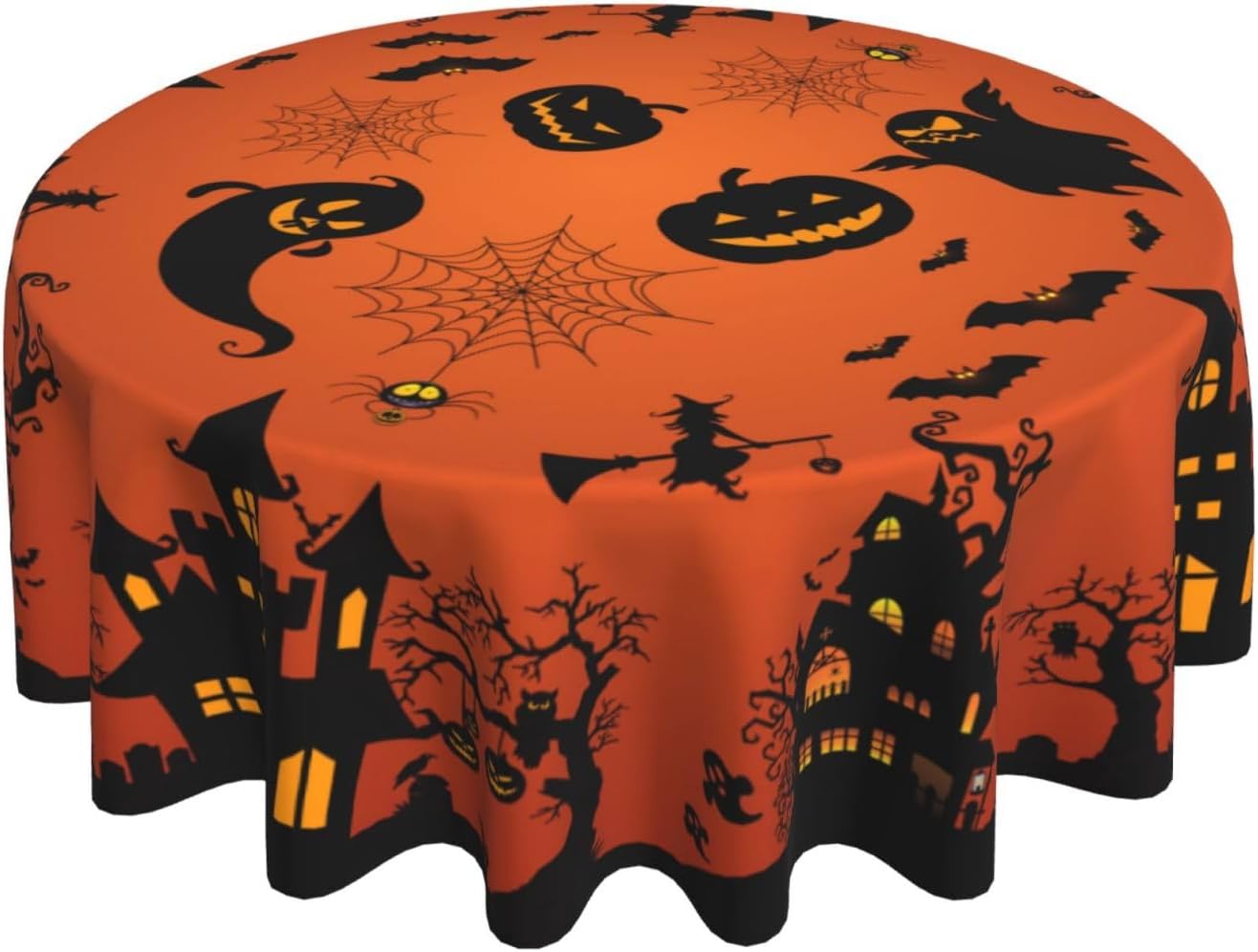Gianlaima Mantel redondo de tela de araña de Halloween, diseño de calabaza, murciélago, bruja, impermeable, lavable, para el hogar, restaurante,