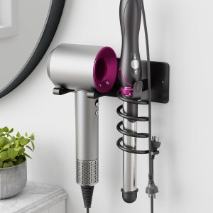 Tindbea Soporte para secador de pelo + soporte para rizador, soporte para secadora de pelo negro mate, soporte de pared, organizador de herramientas Tindbea Soporte para secador de pelo + soporte para rizador, soporte para secadora de pelo negro mate, soporte de pared, organizador de herramientas