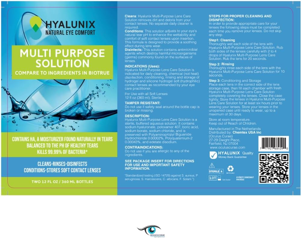 Hyalunix (4 unidades) 12 onzas líquidas  Solución de contacto multiusos para lentes de contacto  Hidratación mejorada para mayor comodidad,