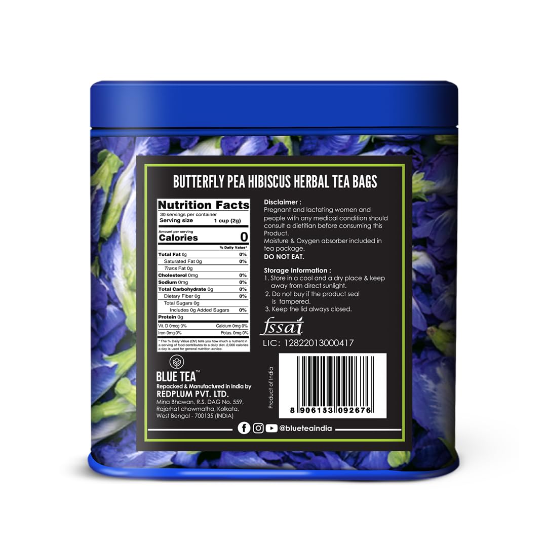BLUE TEA – Té de hierbas de hibisco y guisantes mariposa – 30 bolsas de té  Regalo para el día de la madre  Super antioxidante  Sin cafeína  Bolsa