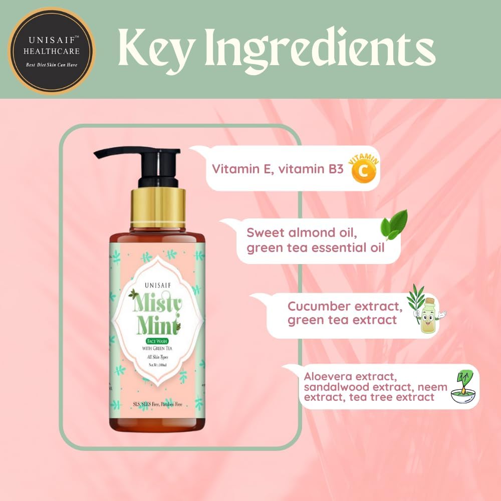Unisaif Misty Mint Green Tea Face Wash – Lavado facial de árbol de té para piel seca con menta  Lavado facial natural para la prevención del acné