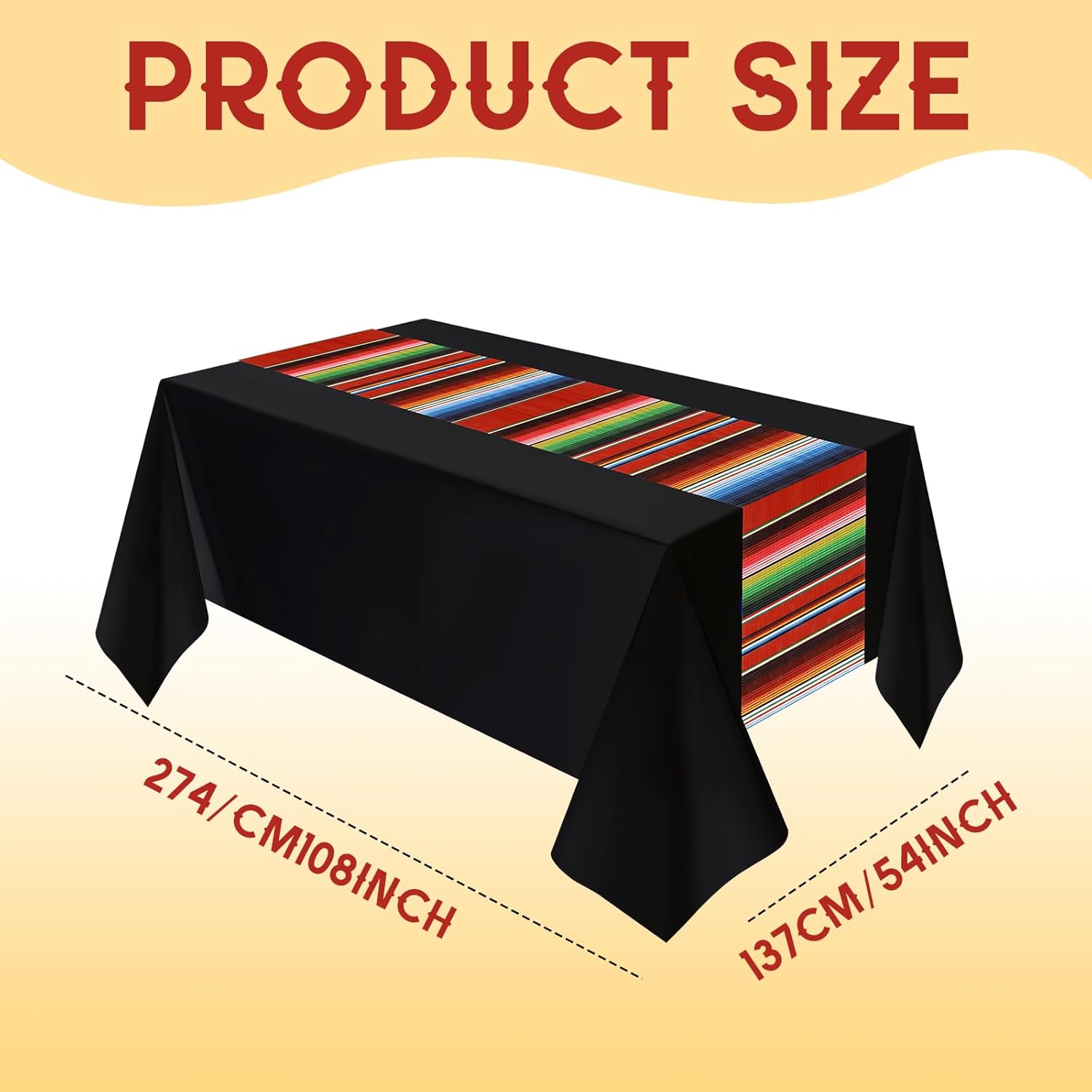Mantel de fiesta mexicana de 54 x 108 pulgadas, mantel de plástico a rayas para decoración de fiesta mexicana (fondo negro, 6 unidades)