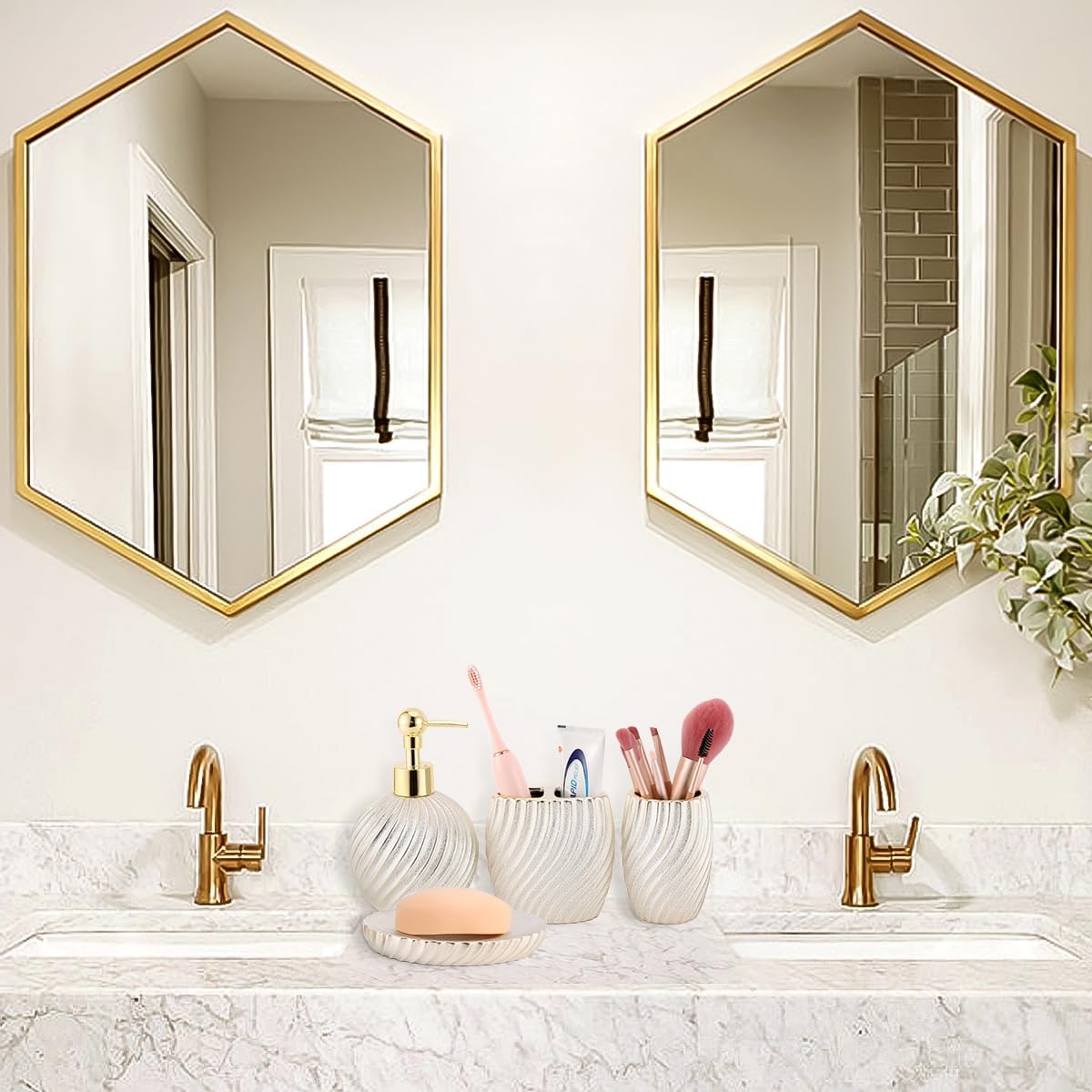 Vidalenta Juego de accesorios de baño, juego esencial de baño de cerámica de 4 piezas con soporte para cepillo de dientes, dispensador de jabón,