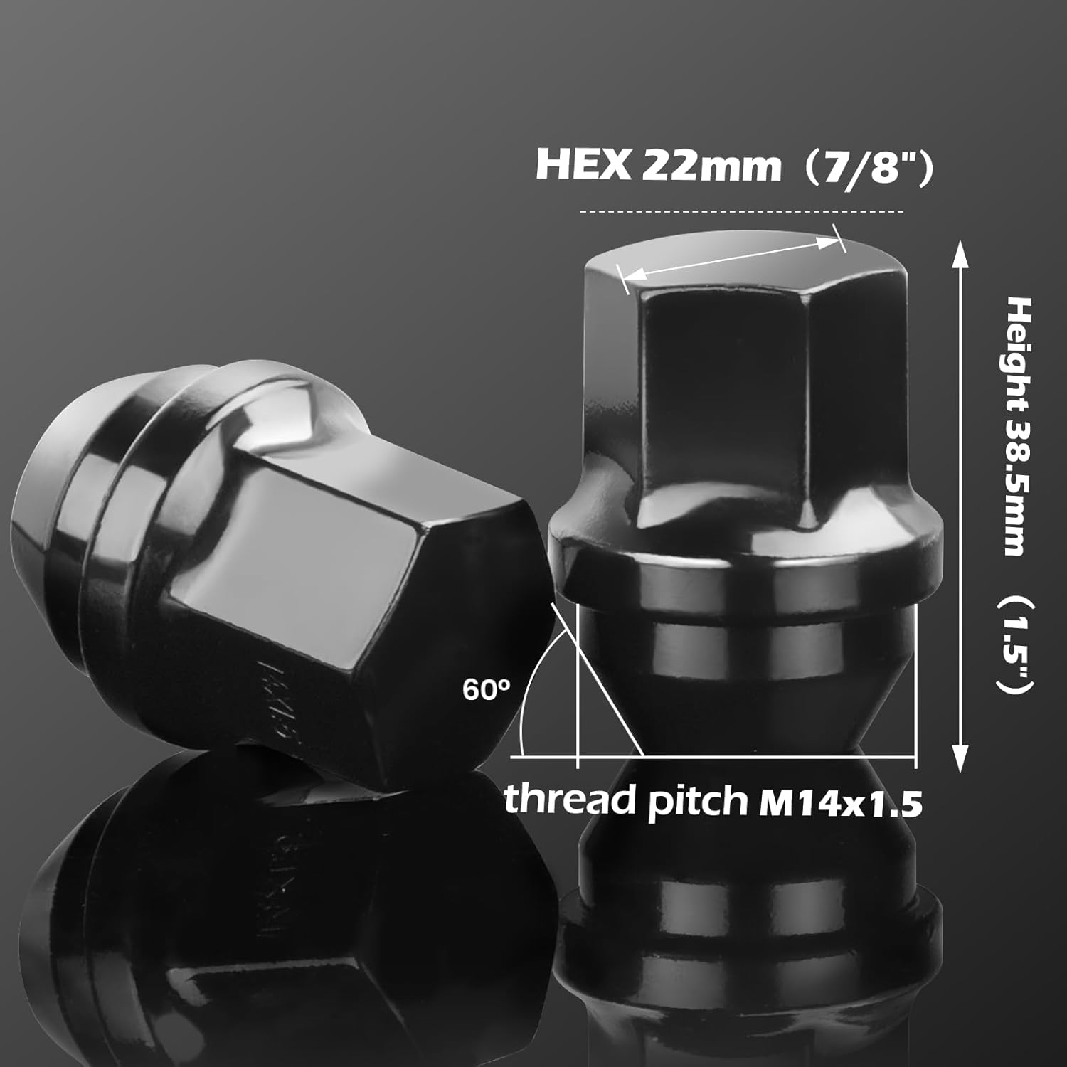 Dynofit – Tuercas para rueda M14x1.5, tuercas OEM color negro hexagonales de 78 pulgadas (22mm), altura 1.5 pulgadas y asiento cónico, 20 unidades