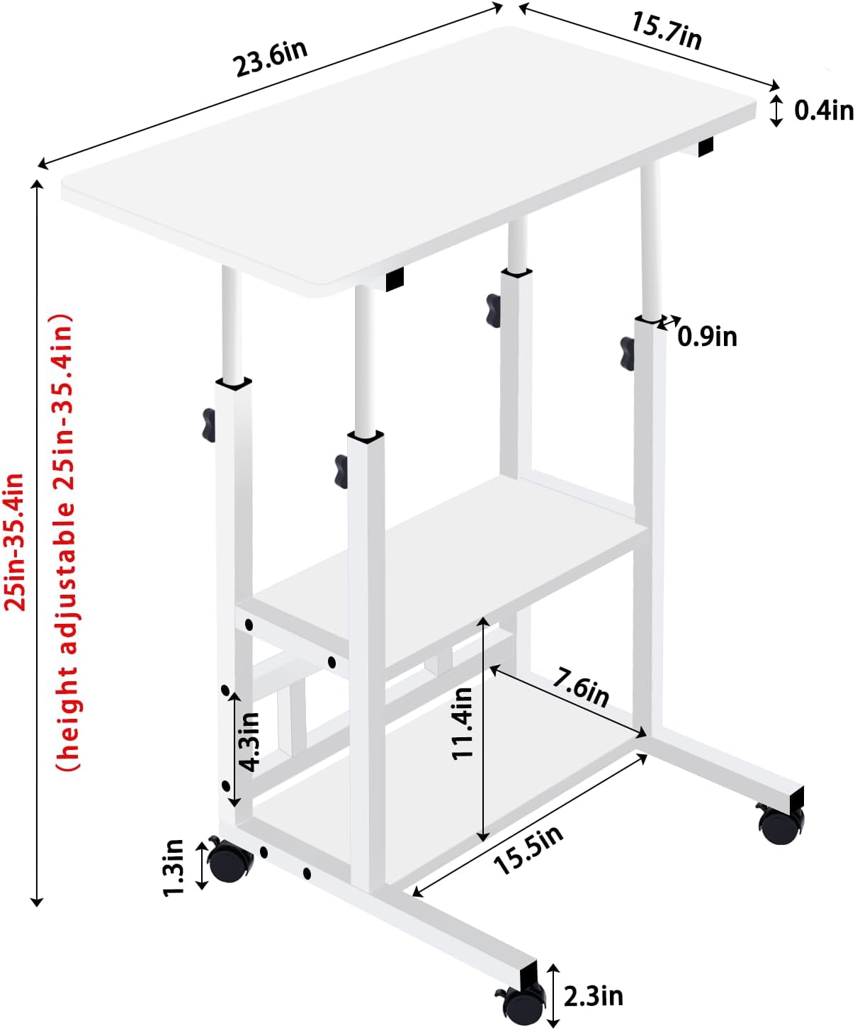 Escritorio de pie móvil, escritorio para laptop, altura ajustable, mesa con ruedas, estaciones de trabajo de computadora de almacenamiento de doble