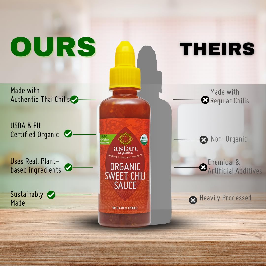 Asian Organics Salsa de chile dulce tailandés  Salsa orgánica de chile dulce  Salsa de chile asiático 100% orgánica certificada por USDA, sin MSG,