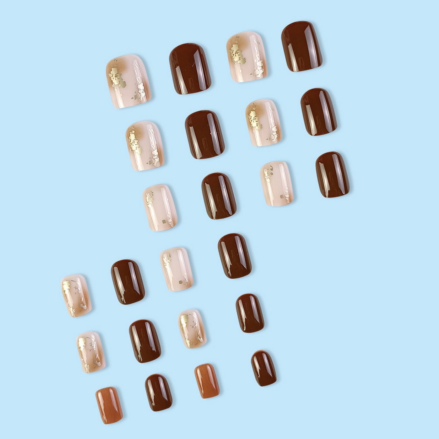 Uñas postizas cortas cuadradas de otoño, color marrón café con diseños de aluminio, uñas acrílicas adhesivas brillantes para mujer, uñas postizas a