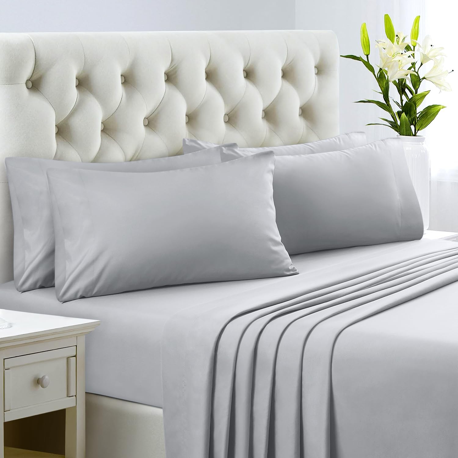 HOMEIDEAS Sábanas de hotel de cama tamaño queen (blanco y gris)