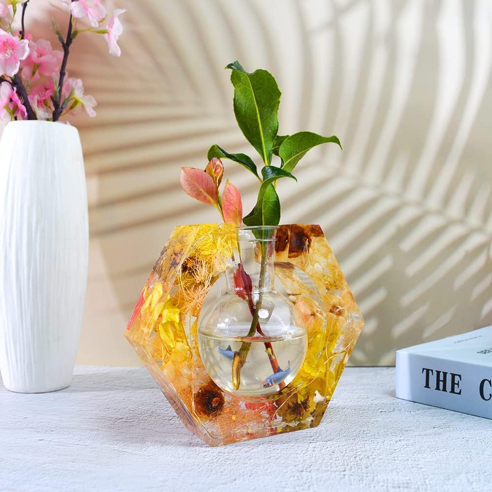 Molde de resina de silicona para estación de propagación de plantas, molde epoxi hexagonal para hidropónico, con botella de plástico para decoración