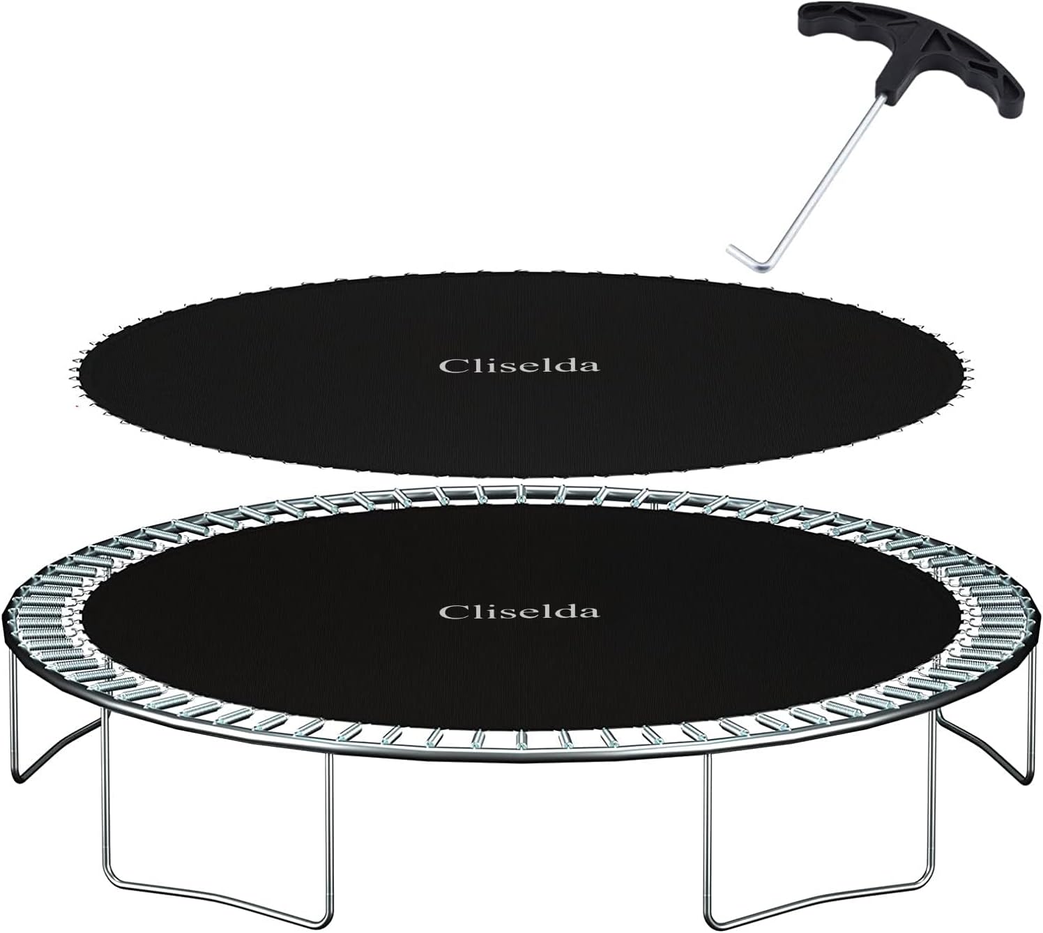 Cliselda Tapete de repuesto para cama elástica, se adapta a marco redondo de trampolín de 12 pies, 14 pies y 15 pies, con herramienta de