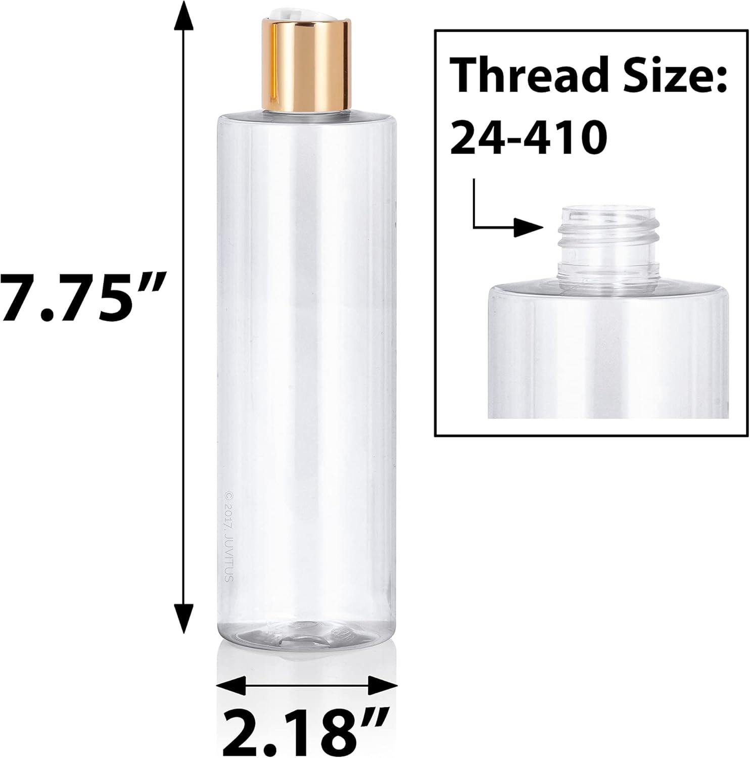 JUVITUS Botellas de plástico PET cilíndricas profesionales transparentes de 12 oz (12.0 fl oz, sin BPA) (paquete de 6, tapa de disco dorada)