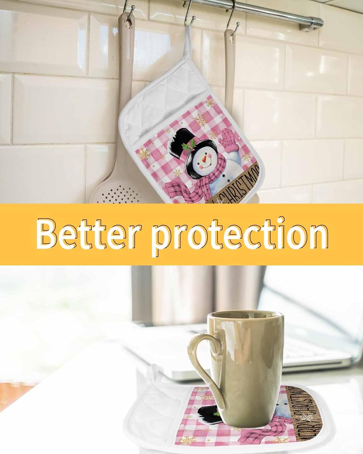 Snowman Pink 4Pcs Pot Holders for Kitchen,Non Slip & Heat Insulation Terry Cloth Potholder Set with Pocket,Thick Hot Pad Oven Mitts Trivet Coaster