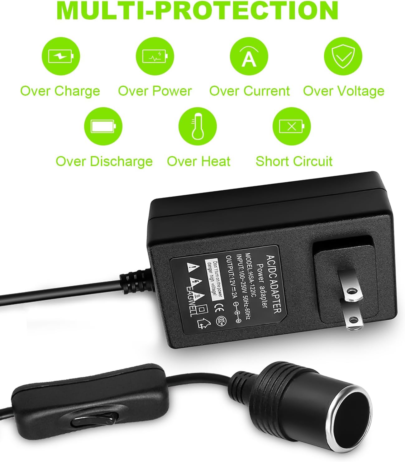 Adaptador de corriente para automóvil de 12 V con interruptor de encendidoapagado hembra para encendedor de cigarrillos, CA 100-240V a CC 12V