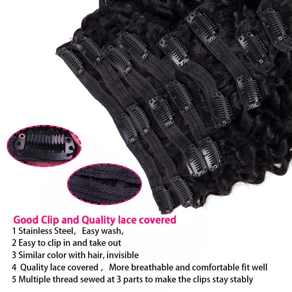 Extensiones de cabello humano ondulado profundo con clip para mujeres negras, 8 piezas, 18 clips, doble trama, extensiones de cabello humano