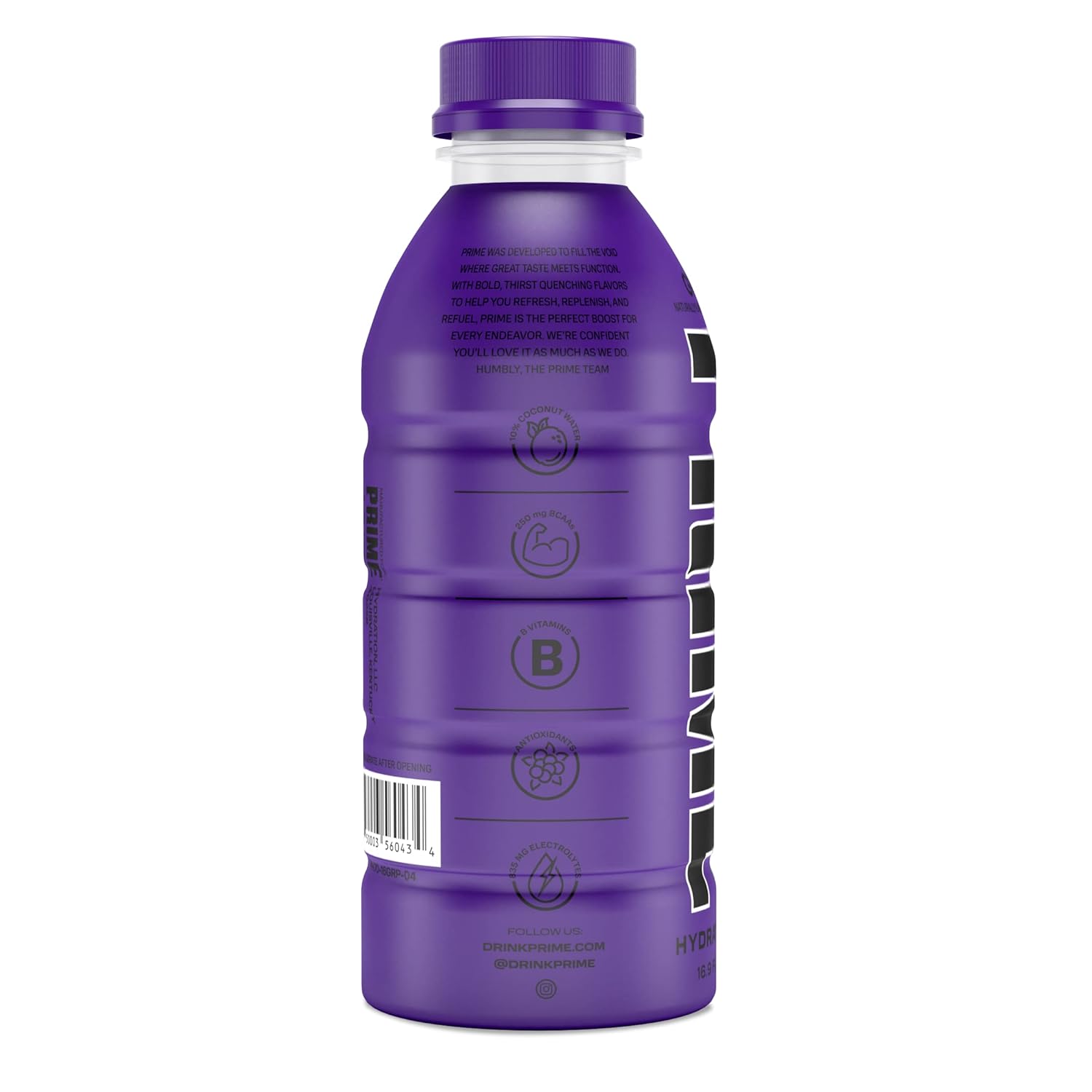 PRIME Hydration GRAPE  Bebidas deportivas  Electrolito mejorado para una hidratación definitiva  250 mg de BCAA  Vitaminas B  Antioxidantes  0.07 oz