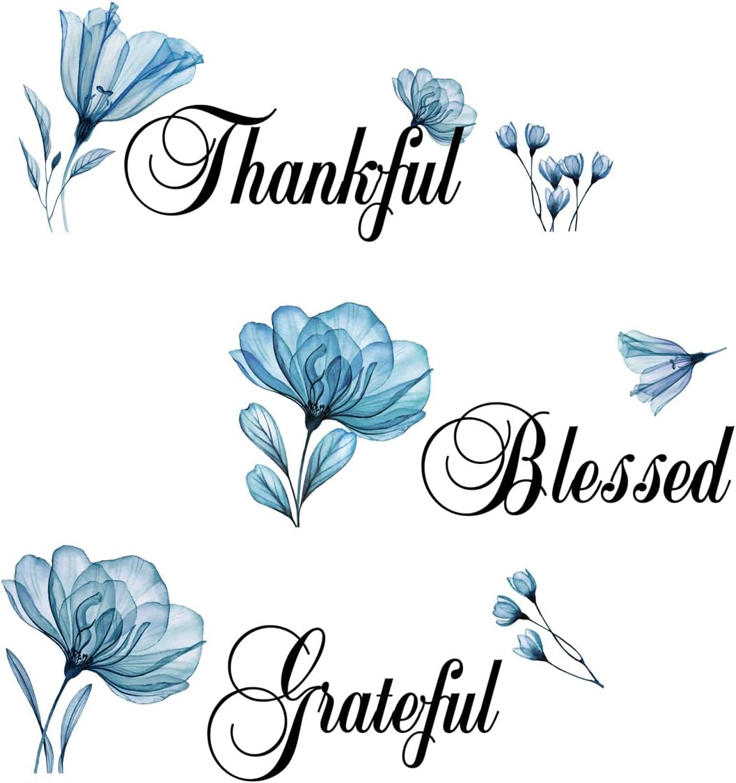 Thankful Grateful Blessed – Adhesivo decorativo motivacional para pared, diseño de flores azules, mariposas, despegar y pegar, decoración de pared
