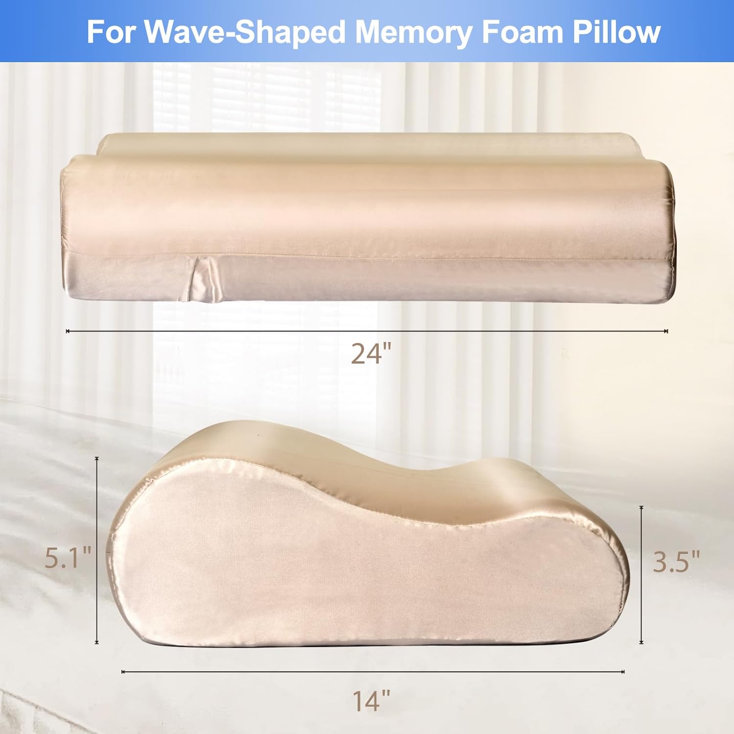 Satin Pillowcase for Contour Memory Foam Pillows, 24″ x 14″ x 5.1″3.5″ Cervical Pillow Case, Soft Pillow Cover for Sleeping Pillows (Champagne)