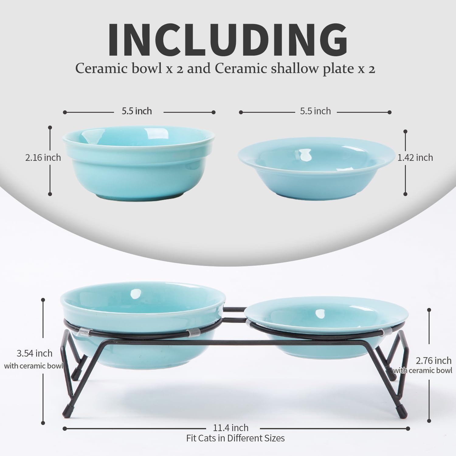 FOREYY – Cuencos elevados para gatos con 2 cuencos de cerámica y 2 platos, cuenco elevado para comida para gatos con soporte de metal, platos de