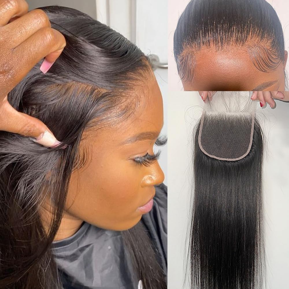 Cierre de encaje transparente de 4 x 4, cierre de encaje de cabello humano de grado 12A para mujeres, cabello virgen brasileño, cierre de encaje