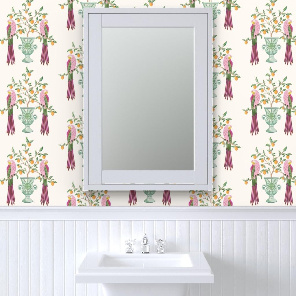 Spoonflower Muestro de papel tapiz extraíble  Pájaros botánicos Loro tropical Cítricos Floral Caprichoso vid Hojas Naranja Limón Italiano Papel