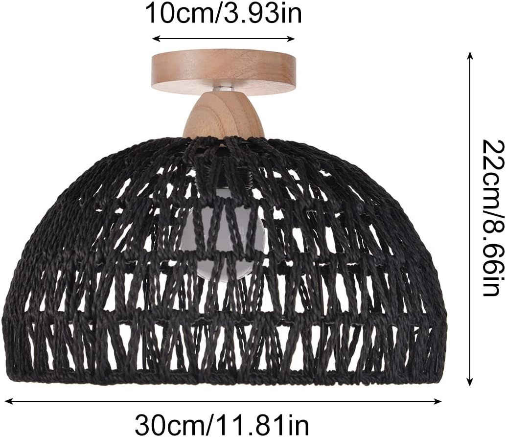 Arturesthome Lámpara de techo de ratán de cuerda de cáñamo negra, lámpara de techo semibohemia, tambor de mimbre, lámpara rústica de granja para