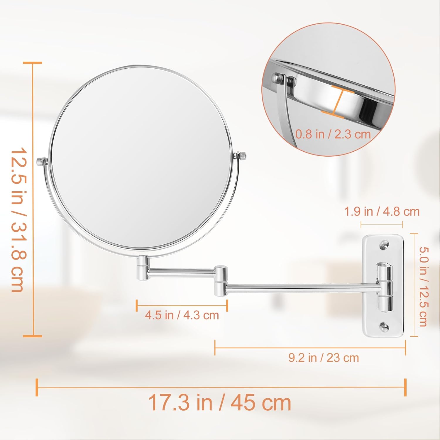 Espejo de aumento de montaje en pared de 8 pulgadas, espejo de maquillaje de doble cara 1X10X, espejo extensible giratorio 360 para baño, cromado