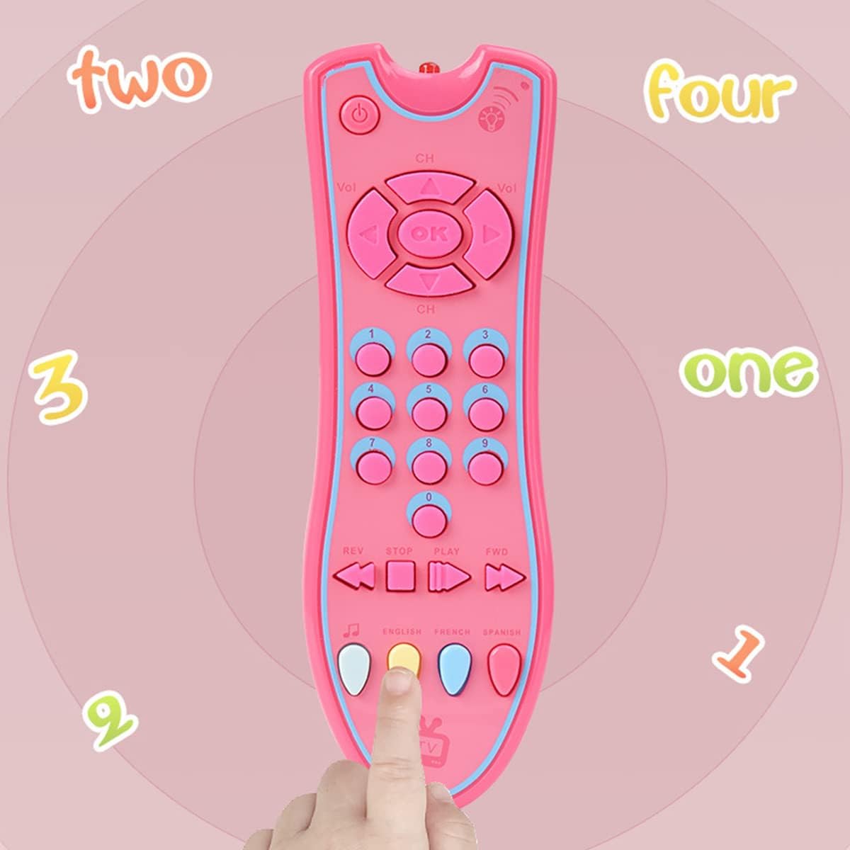 Juguete de control remoto de TV para bebés con luz y sonido, juguete de control remoto realista para niños con inglés, francés, español 3 idiomas,