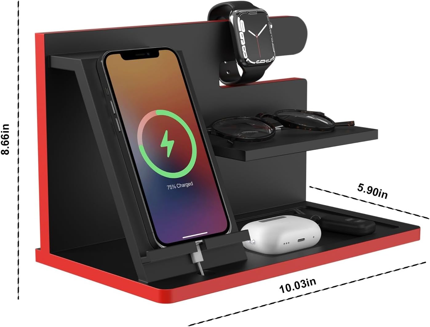 Estación de acoplamiento de madera para teléfono celular, soporte de reloj organizador de escritorio para hombres, estación de acoplamiento negra