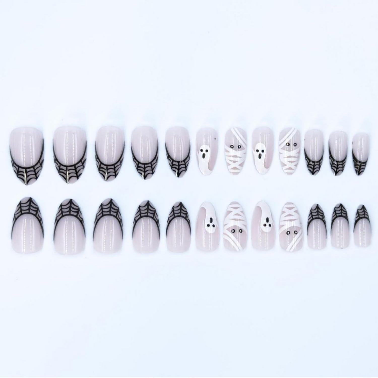 24 uñas postizas a presión de Halloween, uñas postizas cortas de almendra, brillantes, diseño de telaraña, fantasma, con pegamento, cobertura