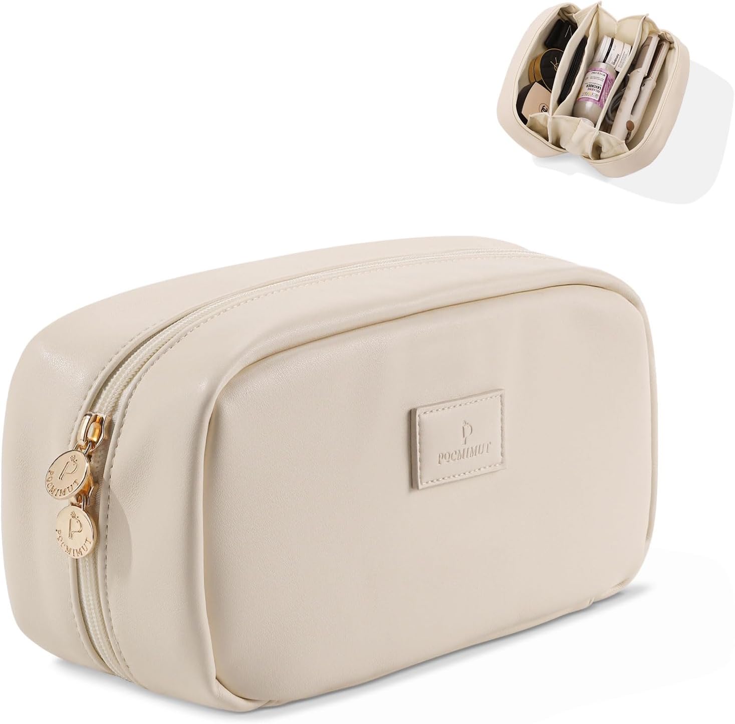 Pocmimut Bolsa de maquillaje de piel sintética, bolsa de maquillaje de viaje, bolsa de maquillaje plana abierta para bolso, bolsa de maquillaje para