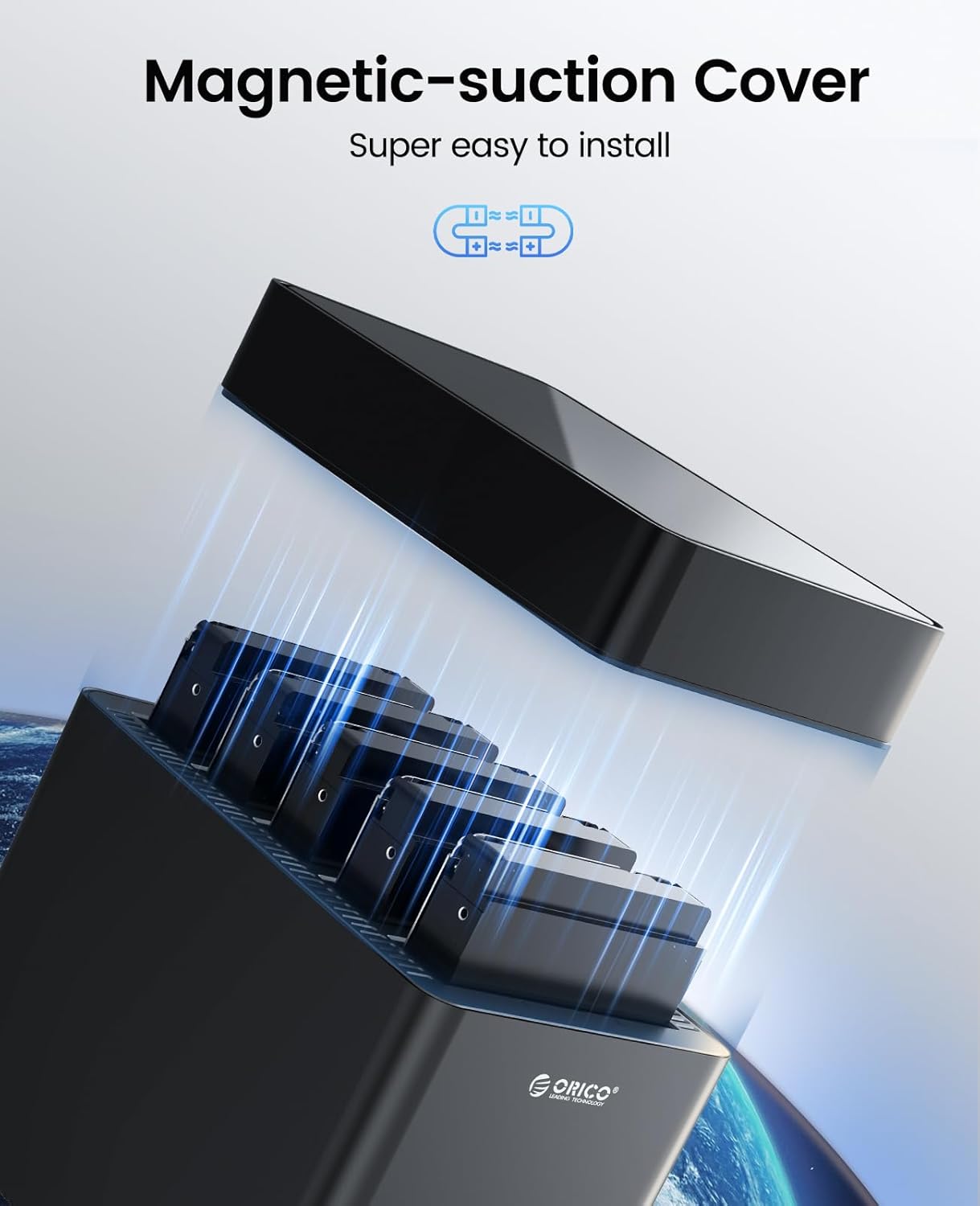 ORICO Caja de disco duro de 5 bahías de 3.5 pulgadas USB C a SATA, caja magnética para disco duro externo sin herramientas con adaptador de