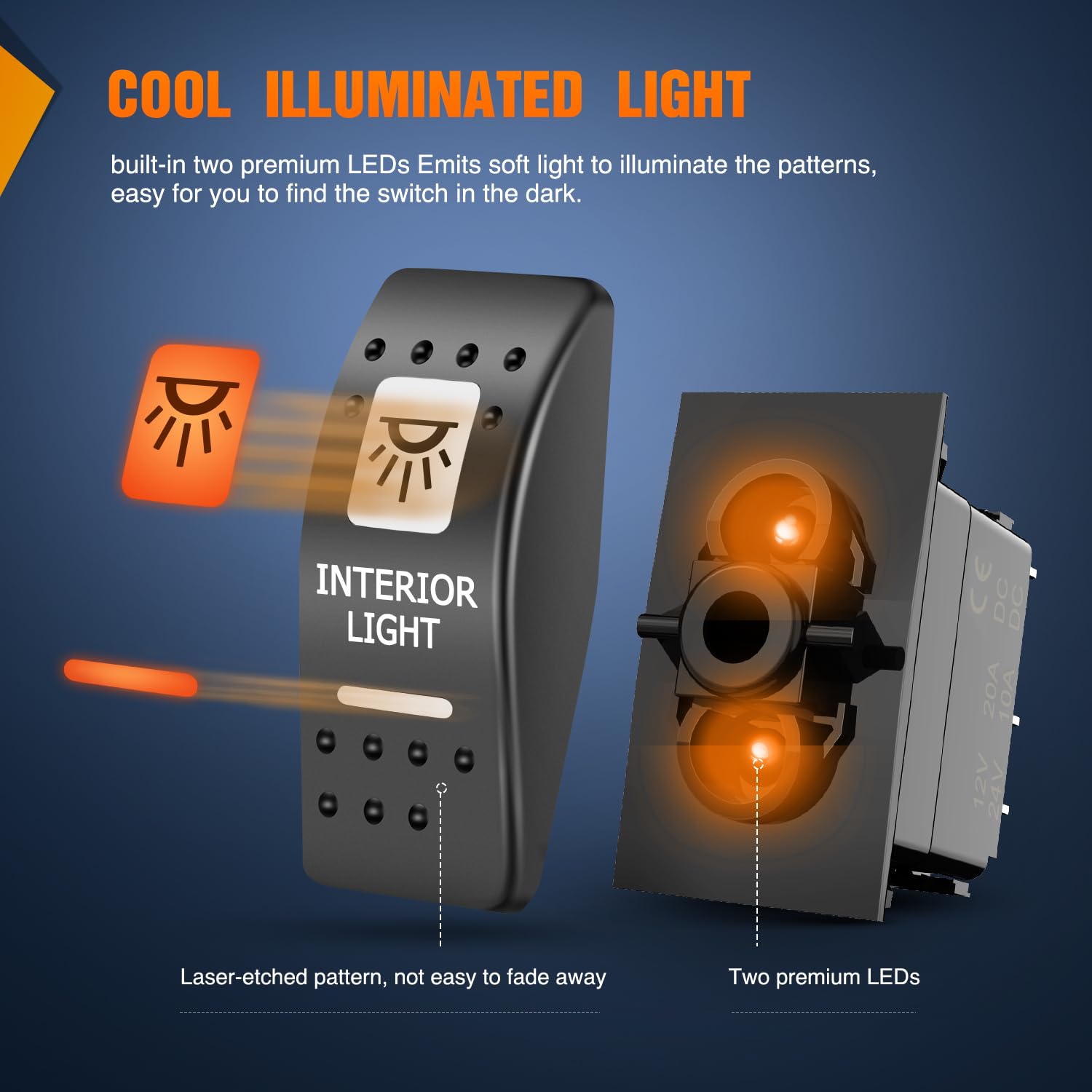 Nilight Interruptor basculante de luz interior UTV, interruptor de barra de luz LED SPST de 5 pines con retroiluminación naranja de 12 V 24 V,