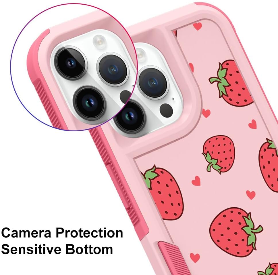 MZELQ Funda compatible con iPhone 15 Pro con bonito diseño de fresas, a prueba de golpes, bonita funda antideslizante compatible con niñas y mujeres