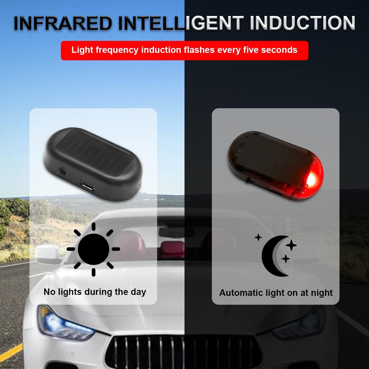 2 alarmas simuladas de energía solar para automóvil, luz LED antirrobo intermitente de seguridad, luces de seguridad interiores de advertencia