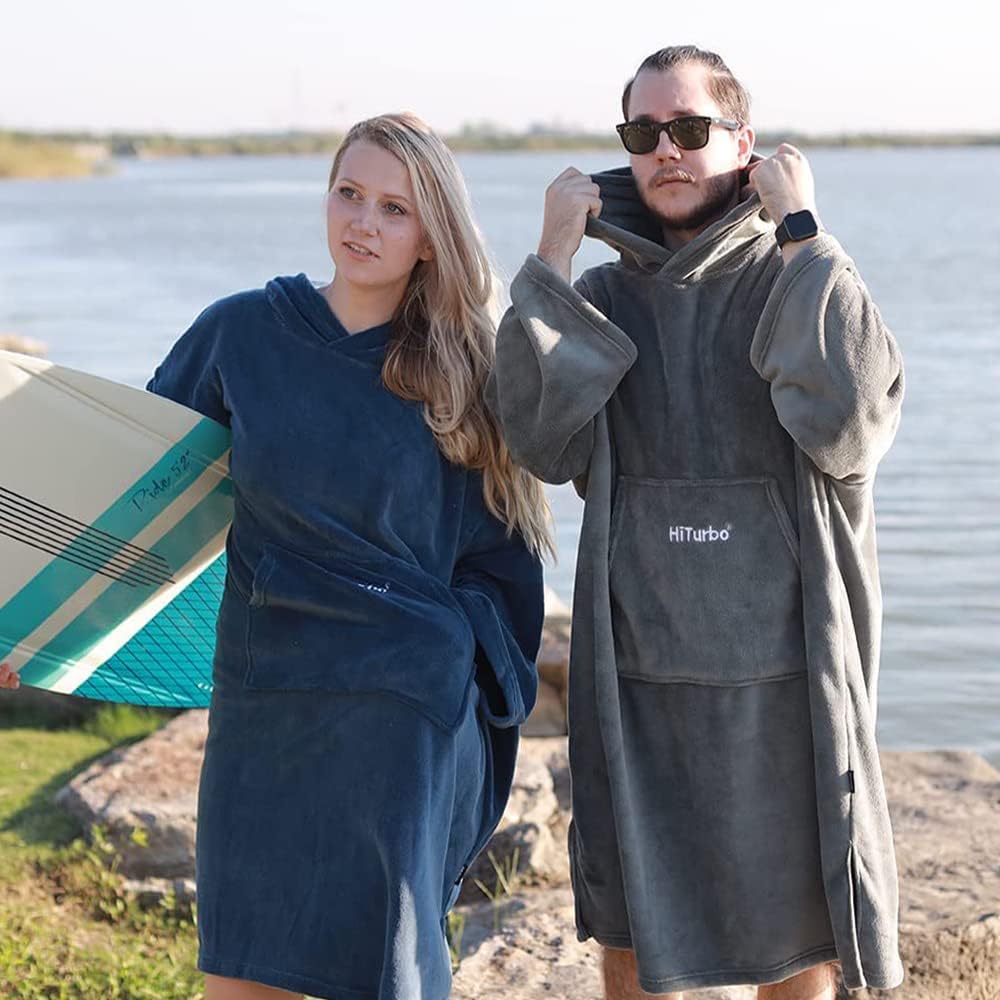 Hiturbo Bata de felpa cambiante, manta mullida para llevar, toalla suave con capucha de gran tamaño, poncho de surf con bolsillo para deportes